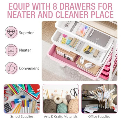Rolling Cart with Drawers, Pink Cart with 8 Plastic Drawer Storage and Wooden Tabletop, Craft Storage, Teacher Cart, Storage Cart on Wheels, Rose Pink - color: Rose Pink