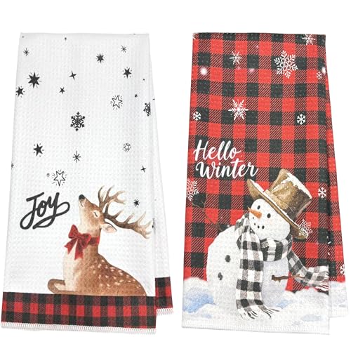 2 Pack Christmas Kitchen Towels Set - Reindeer & Snowman Waffle Weave Dish Towels for Holiday Decor，Red & Black Buffalo Plaid Hand Towels for Bathroom - color: Snowman & Reindeer
