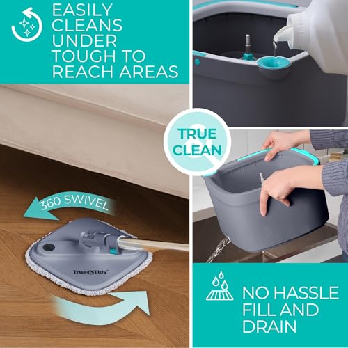True & Tidy True Clean Spin Mop & Bucket System – Dual Compartment Design for Clean & Dirty Water, 360° Swivel Mop Head, Built-in Scrubbing Brush, Stainless Steel Handle & 2 Reusable Microfiber Pads - size: Spin Mop Standard