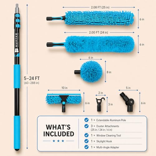 High Ceiling Duster Kit with 5-24FT Heavy Duty Extension Pole, Reaches Up to 30FT, Includes Microfiber Feather Duster, Cobweb and Ceiling Fan Duster, Window Squeegee Cleaner & Skylight Hook (24FT) - size: 24FT