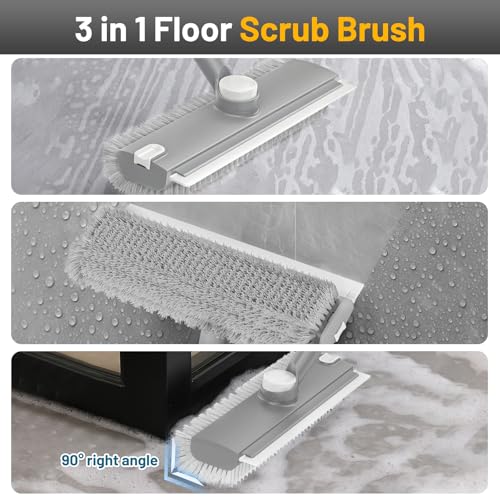 Floor Scrub Brush with Long Handle: 3 in 1 Heavy-Duty Floor Scrubber Brush with Squeegee for Cleaning Tile Bathroom Deck Kitchen Patio - Gray - color: Gray