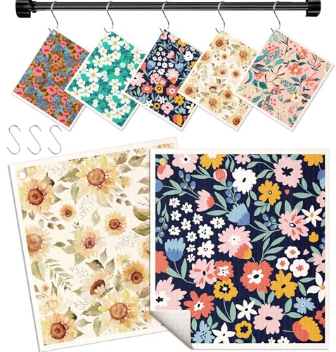 Miss Adola Swedish Dishcloths for Kitchen with Hooks - Reusable Dish Cloths for Washing Dishes Fast Drying Cute Fun 5 Pack Swedish Dish Towels Washable Cleaning Sponge, Color Floral Cluster - color: Color Floral Cluster