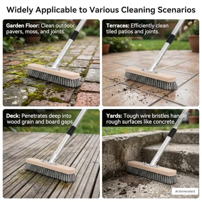 Stainless Steel Wire Scrub Brush with Long Handle, Heavy Duty Floor Scrubber Brush, Moss Remover Wire Broom for Deck, Rough Surface, Concrete Floor, Patio, Garden, Garage