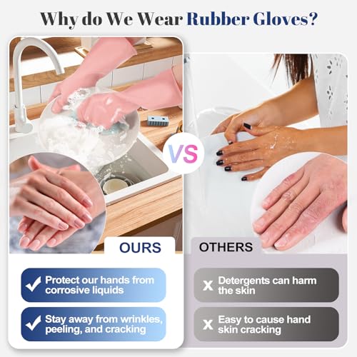 Rubber Kitchen Dishwashing Gloves - 3 Pairs Reusable Household Cleaning Gloves, Flexible and Durable & Non-slip Cleaning Gloves, Great for Kitchen, Bathroom, Laundry (Large, Pink+Blue+Grey) - color: Pink+blue+grey, size: Large