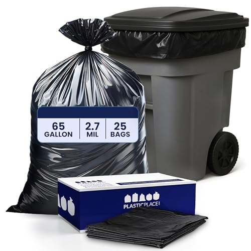 Plasticplace 65 Gallon Trash Bags │ 2.7 Mil │ Black Heavy Duty Garbage Can Liners │ 50” x 48” (25 Count) (W65LDB225A) - size: 25 Count (Pack of 1)