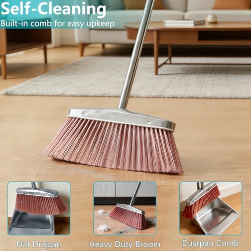 Stainless Steel Broom and Dustpan Set, 2-Piece, Long Handle Standing Design with Comb Teeth, Heavy Duty Windproof Upright for Home, Kitchen, Indoor Outdoor Use (Silver Teeth) - color: Silver Teeth