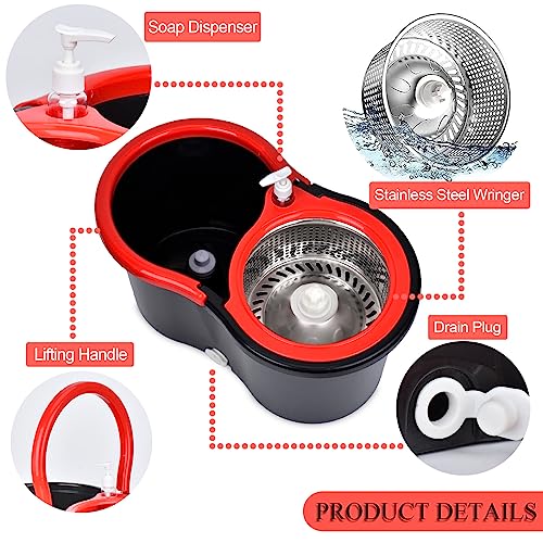 Spin Mop and Bucket with Wringer Set, 360° Spinning Mop Bucket System with 3 Microfiber Mop Replacement Heads and 61" Stainless Steel Adjustable Handle for Floor Cleaning - color: Black-1