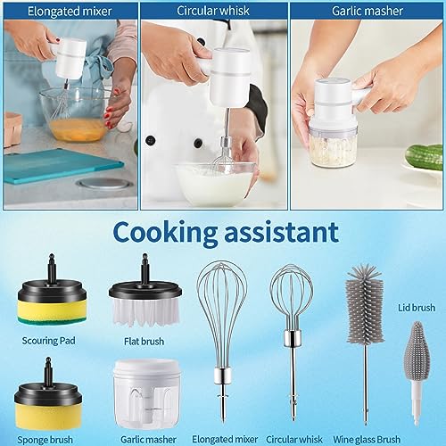 Electric Spin Scrubber,Cordless Power Cleaning Brush,Rechargeable Power Scrubber with 8 Replacement Heads,3 Adjustable Speeds,Kitchen Assistant,Handheld Scrubber for Sink Bowls Plates Bottle,White