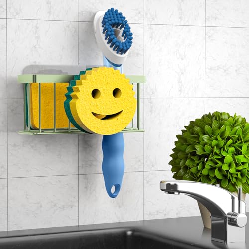 MURLONG Sponge Holder Smiley Face,Sink Caddy,Sink Organizer with 2 Suction Cups/1 Adhesive Strips,Designed for Sponge,Soap,Dish Brush,Scrubber - Green - color: Sage Green