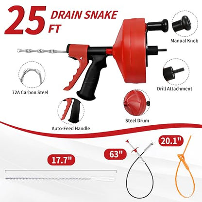 Drain Snake 25 Ft with Drill Attachment, Auto Feed 1/4 Inch Plumbing Snake for Sink, Shower & Tub Clogs, Manual or Drill-Powered Drain Auger, with Gloves, Safety Glasses & Storage Bag - color: 25FT