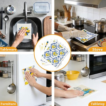 Lemons Swedish Dishcloths for Kitchen, 6 Pack Reusable Tiles Lemons Sponge Cleaning Cloths, Absorbent Dish Cloths Towels Wipes for Summer Kitchen Cooking Home Decoration Housewarming Gifts - style: Lemons