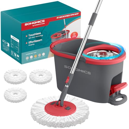 SONGMICS Spin Mop and Bucket Set with Pedal Wringer, Floor Cleaning Mop, Adjustable Telescopic Handle, Max. 59.1-Inch Length, 360° Rotating Head, 3 Microfiber Pads, Gray and Red ULMB002GT03 - color: Gray + Red, size: 3 Pads