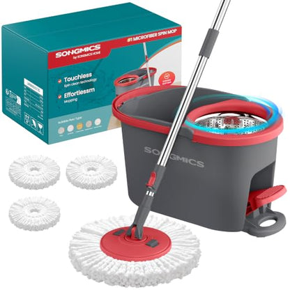 SONGMICS Spin Mop and Bucket Set with Pedal Wringer, Floor Cleaning Mop, Adjustable Telescopic Handle, Max. 59.1-Inch Length, 360° Rotating Head, 3 Microfiber Pads, Gray and Red ULMB002GT03 - color: Gray + Red, size: 3 Pads