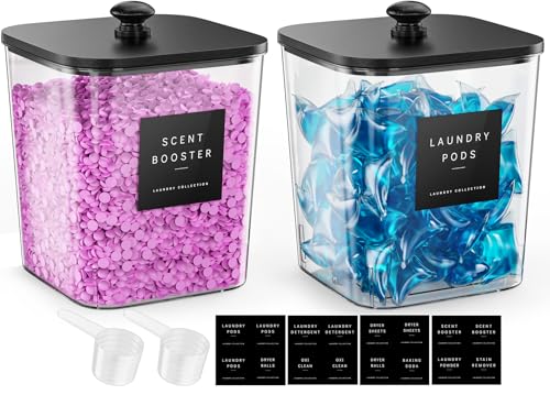 Moforoco 2 Pcs Laundry Pods Container, Clear Laundry Room Organization Containers,Large Detergent Powder Storage, Black Wooden Lids & Labels - color: Black, size: 2 pack