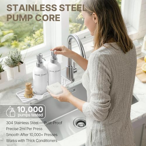 Kitchen Soap Dispenser Set - Dish Soap Dispenser for Kitchen with Self Drain Tray, 17oz Glass Bottle, Stainless Steel Pump, Sponge, and Dish Brush - Silver - color: White Bottle + Silver Pump
