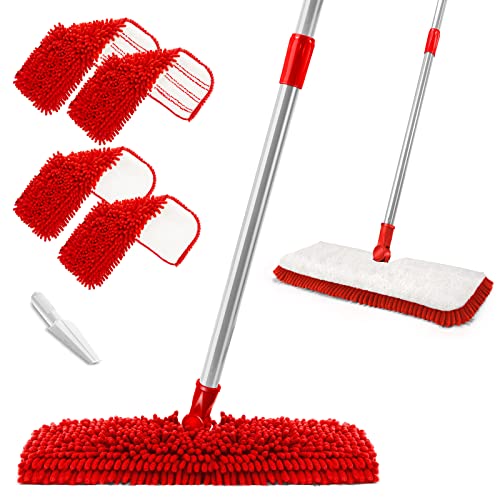 MASTERTOP Microfiber Mop for Floor Cleaning, Hardwood Dust Mop, Wet Mopping with 4 Washable Replacement Mop Pads, Floor Mops for Cleaning with 1 Scraper- White & Red - color: Red, size: 16.8"*5.2"