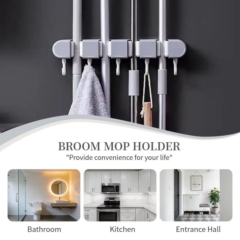 Broom Mop Holder Wall Mount Heavy Duty Tool Organizer for Home Kitchen Garage Bathroom with 4 Racks 5 Hooks