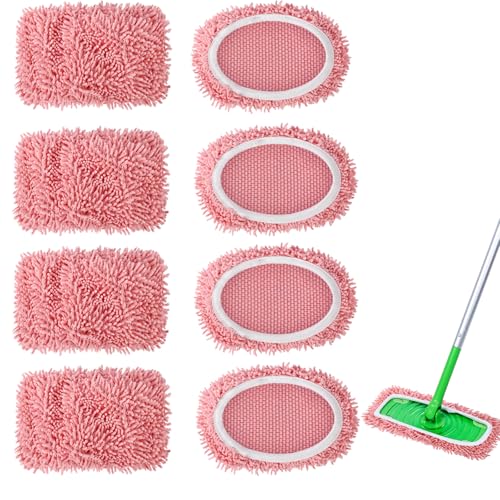 4Pcs Reusable Microfiber Mop Pads Compatible with Swiffer Sweeper, Replacement Wet Mopping pad Refills & Washable Dry Sweeping Cloths for Surface/Hardwood Floor Cleaning（Pink） - color: Pink- 8pcs Chenille Mop