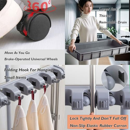 Mop and Broom Rack, Removable Broom Organizer Storage Tool Rack, Can Hold Wet Mops Stainless Steel Can Hold Long Handled Tools/Rakes/Brooms(176x100x49cm) - size: 176x100x49cm