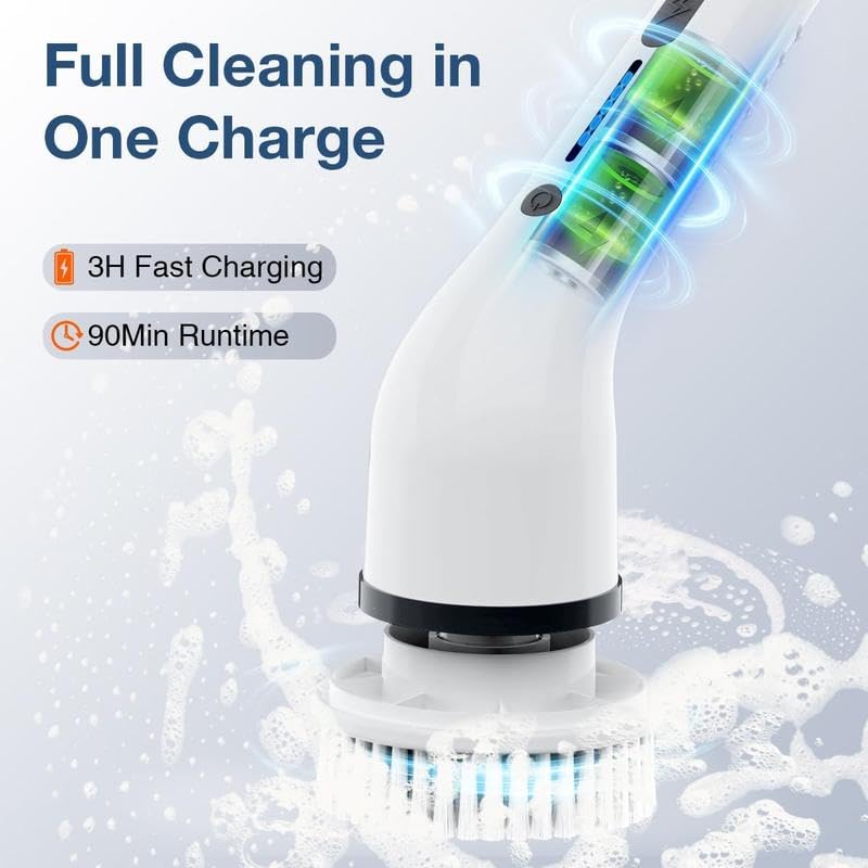 Electric Spin Scrubber Upgraded Cordless Shower Spin Scrubber Kit with 7 Replaceable Brush Heads 3 Adjustable Extension Handle Dual-Speed IPX7 Waterproof LED for Bathroom Kitchen Toilet Window Pool