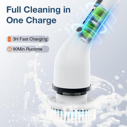 Electric Spin Scrubber Upgraded Cordless Shower Spin Scrubber Kit with 7 Replaceable Brush Heads 3 Adjustable Extension Handle Dual-Speed IPX7 Waterproof LED for Bathroom Kitchen Toilet Window Pool