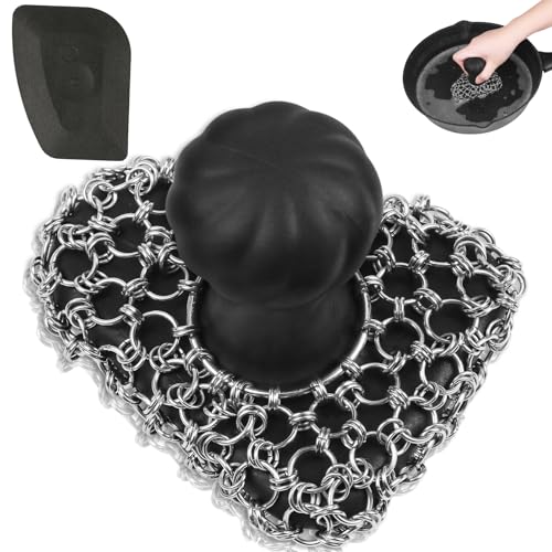Cast Iron Scrubber with Handle 316 Dish Cast Cleaner Chainmail Scrubber for Pan Skillet Iron Scrub Brush Steel Wool Scrubber Cleaning Kit (1 Scrub + 1 Scraper) - color: Black 02