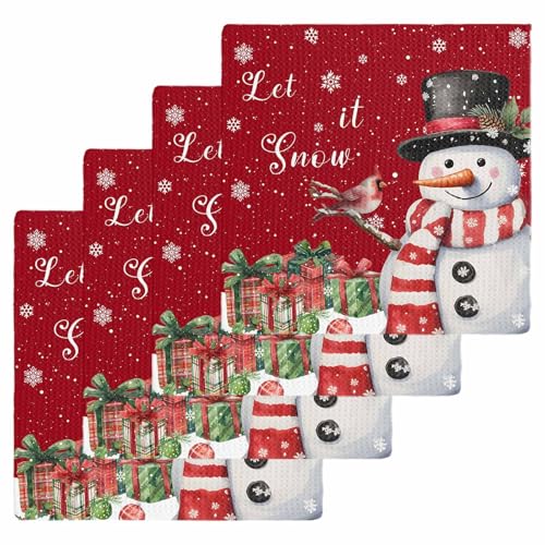 Christmas Red Dish Towels Set, Waffle Weave Kitchen Towels 4 Pieces, Snowman Snowflake Berry Bird Microfiber Hair Face Bath Tea Towel Absorbent Quick Drying Cleaning Dish Cloths, 12"x12" - color: Red, size: 4PCS,12"x12"