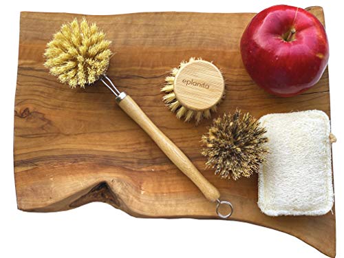 eplanita Natural Dish Brush, 3 Replacement Heads, Kitchen Eco Bamboo Scrubber Brushes, Extra Plant Sponge, Plastic Free Washing Up, Zero Waste Cleaning