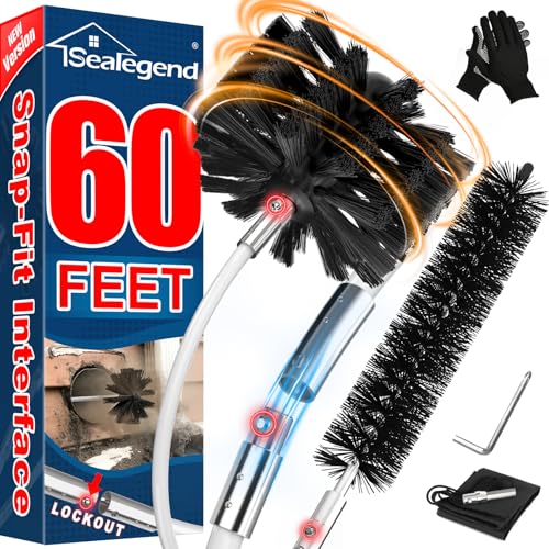Sealegend 60 Feet Dryer Vent Cleaner Kit/Lint Remover/2×Upgraded Flexible Quick-Snap Brush/Fireplace Chimney Brushes for Easy to Use/Works Well with/Without a Power Drill - size: 60FT