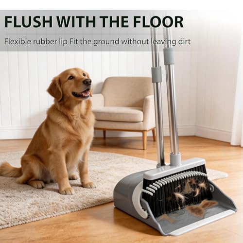 YZO Broom with Dustpan Combo Set, 54.33 Inch Long Handle Standing Design, Dustpan Front Rubber Tight Seal, Broom with 5 Layer Bristles, Suitable for Bedroom, Yard, Office and Apartment(Gray&Black) - color: Gray&black