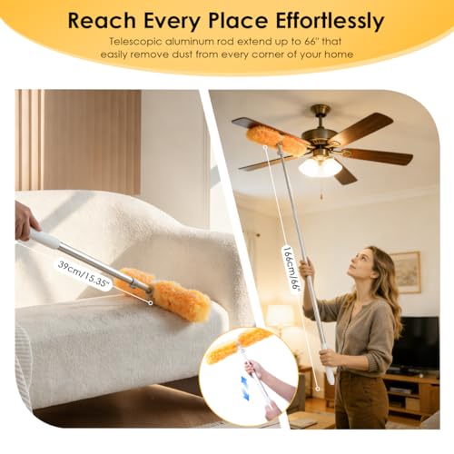 Extendable Duster Kit, 6 ft Telescoping Handle and 12 Disposable Microfiber Refills Pads, Dusters for Cleaning Ceiling Fan, Blind, Wall, Hard-to-Reach Areas