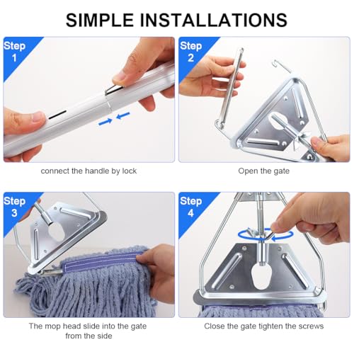 Mop Handle Commercial Heavy Duty - 57 Inch Industrial Metal Clamp Mop Stick Replacement for Floor Cleaning - Professional Mops Head Replacement Holder - color: Black 1 - Metal Clamp
