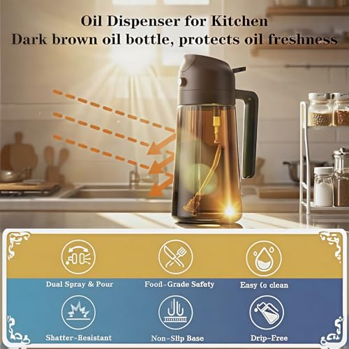 Oil Sprayer for Cooking 2 in 1, Olive Oil Dispenser for Kitchen Gadgets, 16oz/470ml Premium Light-Blocking Oil Bottle, Food-Grade Spray Bottle, for Salad, Air Fryer, BBQ (Brown) - color: Brown Glass/Black Cap