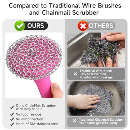 SUBEKYU Cast Iron Scrubber with Silicone Handle, Stainless Steel Skillet Cleaner for Cast Iron Pans (Pink) - color: Pink