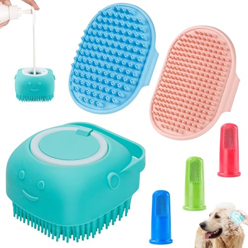 Comotech 6PCS Dog Bath Brush & Dog Toothbrush | Adjustable Handle Shampoo Brush & Scrubber for Short & Long Haired Dogs & Cats | Effectively Solve Odor & Stain Removal Problems (Blue Red Blue) - color: Blue Red Blue