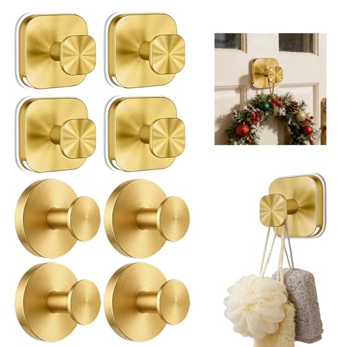 Suction Cup Hooks for Shower, Perfect Wreath Hangers for Front Door, for Shower No-Drill Bathroom Stainless Steel Hooks Walls,Glass,Mirrors,Tile and Smooth,Non-Porous Surfaces(8, Gold) - color: Gold