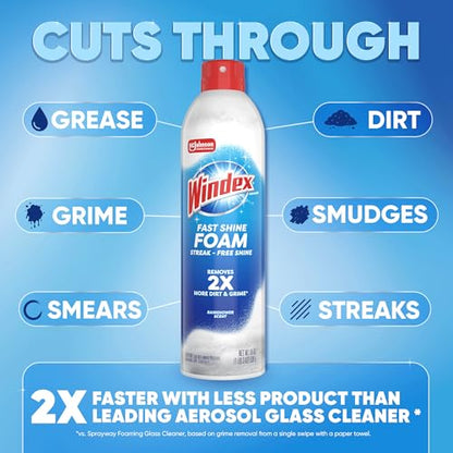 Windex Fast Shine Foam Glass Cleaner, No-Drip Windows, Doors, Mirrors & Countertops Aerosol Cleaning Spray, Streak-Free Shine, Removes Fingerprints, Dust, Dirt, Grime & More 19 oz (Pack of 6) - size: 19 Fl Oz (Pack of 6)