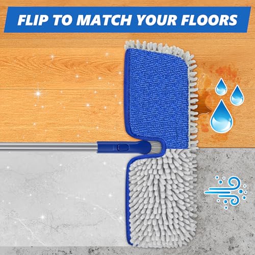 2-Sided Microfiber Dust Mop for Hardwood Floors & Walls | Flat Flip Head, Wet Dry Use, 3 Chenille & Microfiber Pads, 58" Handle, 360° Swivel, Sweep Pet Hair, Tile, Laminate, Kitchen - size: 15" Mop-B