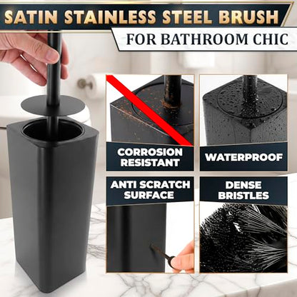 Black Toilet Brush and Holder Set - Slim Matte Design that Fits Anywhere - Stainless Steel Toilet Bowl Brush and Holder with 2 Rounded Corners, Replaceable Head, Removable Inner Bowl & Splash Guard - color: Black Squircle