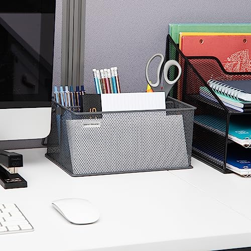 Mind Reader Multi-purpose Storage Caddy with Handle, Desktop Organizer, Cutlery Holder, 4 Compartments, Metal Mesh, Gray - color: Gray