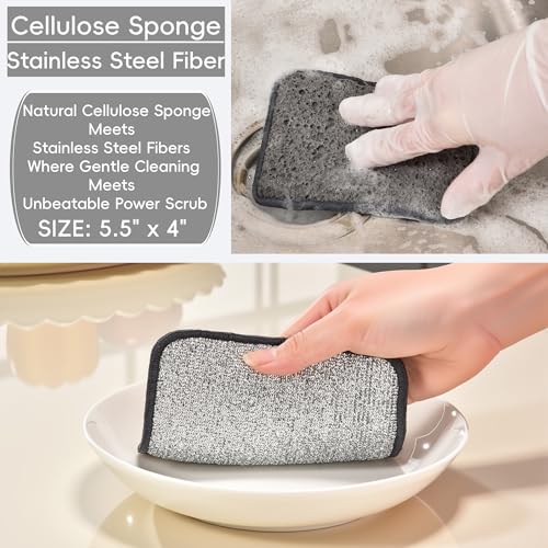 METUUTER 12 Packs Kitchen Sponges Stitching with Stainless Steel Fibers - 5.5x4 in Soft Cleaning Sponge for Non-Stick Pans, Dishes & Tough Grease Odor-Resistant, Durable Dish Sponges - color: Darkgray