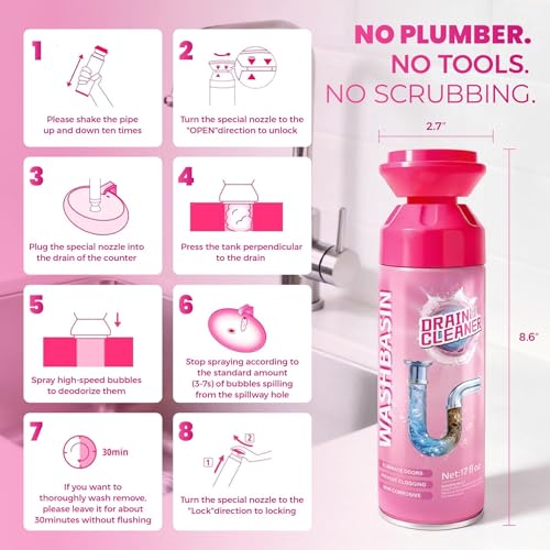 Foaming Drain Cleaner, Powerful Sink Drain Cleaner Foam That Clears Hair & Eliminates Odors, Fast Clog Removal, Safe Sink Cleaner and Deodorizer for Kitchen Sinks Bathroom Drains Tubs Showers (2Pcs)