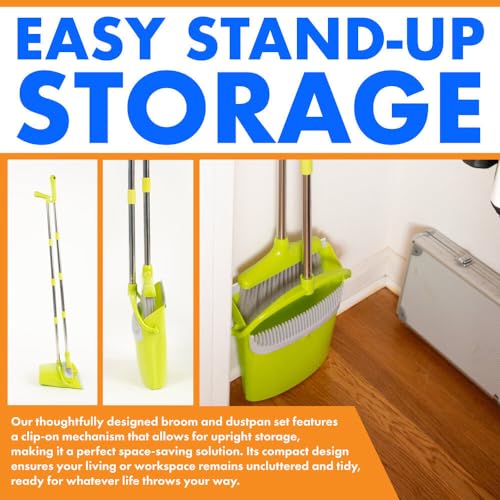 Hub City Industry Heavy Duty Broom and Dustpan Combo Set with Commercial Long Handle for Lobby, Home, Office, Cleaning Supplies, Upright Grips Sweep Set with Broom for Floor Cleaning, Green