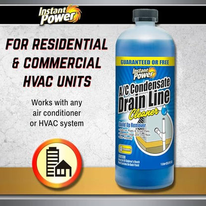 Instant Power A/C Condensate Drain Line Cleaner - AC & HVAC Unclogger for Air Conditioner Drain Lines, Prevents Odors & Water Damage, Safe for Pipes & Septic Systems - 32 oz (Pack of 1)