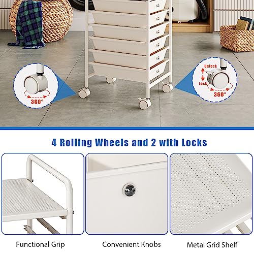 4-Tier Utility Cart with 4 Drawers, Rolling Utility Cart with 2 Lockable Caster Wheels, Multipurpose Mobile Rolling Drawer Cart for Office Bathroom Kitchen, Ivory White - size: White, 4-Tier