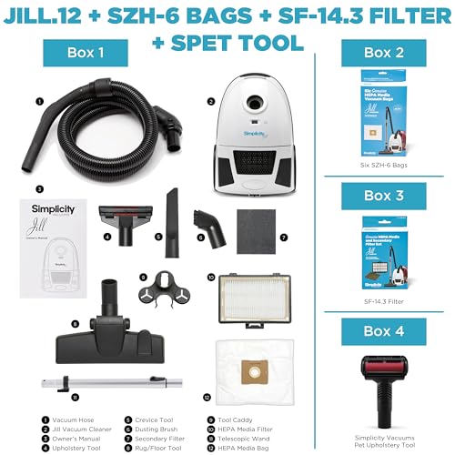 Simplicity Vacuums Jill Canister with Bags, Filter Set, and Pet Upholstery Tool Bundle, Rug and Hardwood Vacuum Cleaner with Dual-Certified HEPA Filter and Bag, Pet Vac