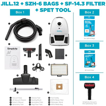 Simplicity Vacuums Jill Canister with Bags, Filter Set, and Pet Upholstery Tool Bundle, Rug and Hardwood Vacuum Cleaner with Dual-Certified HEPA Filter and Bag, Pet Vac