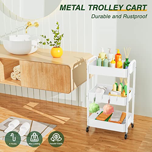LEHOM 3 Tier Rolling Cart, Metal Rolling Utility Cart with Lockable Wheels & Hooks, Multi-Functional Heavy Duty Storage Cart Organizer for Bathroom, Kitchen, Office, Living Room - color: White