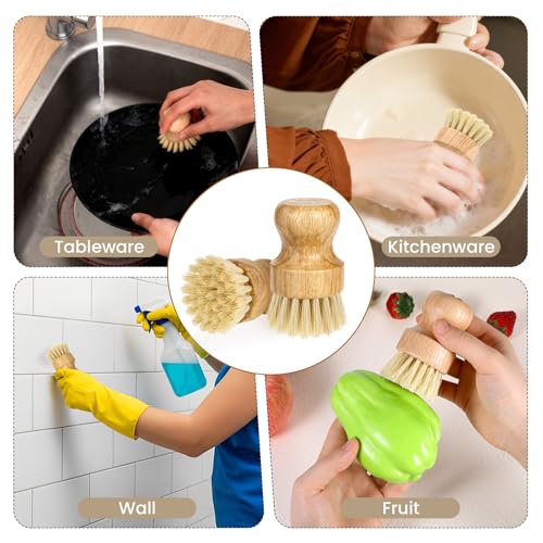 12 Packs Bamboo Dish Scrub Brush Wooden Washing Scrubbers with Sisal Bristles Kitchen Palm Pot Brush Round Mini Dish Brushes for Household Iron Pot Pan Sink Sink Vegetables Cleaning - color: Yellow