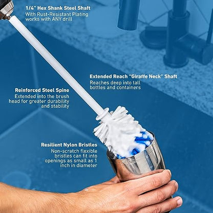RotoScrub Bottle Brush - Drill Accessory - Clean Water Bottles, Coffee Mugs, Cups, Pots, Glasses, Jars, Blenders & Pitchers - color: White/Blue, size: Bottle Brush - 1 Piece